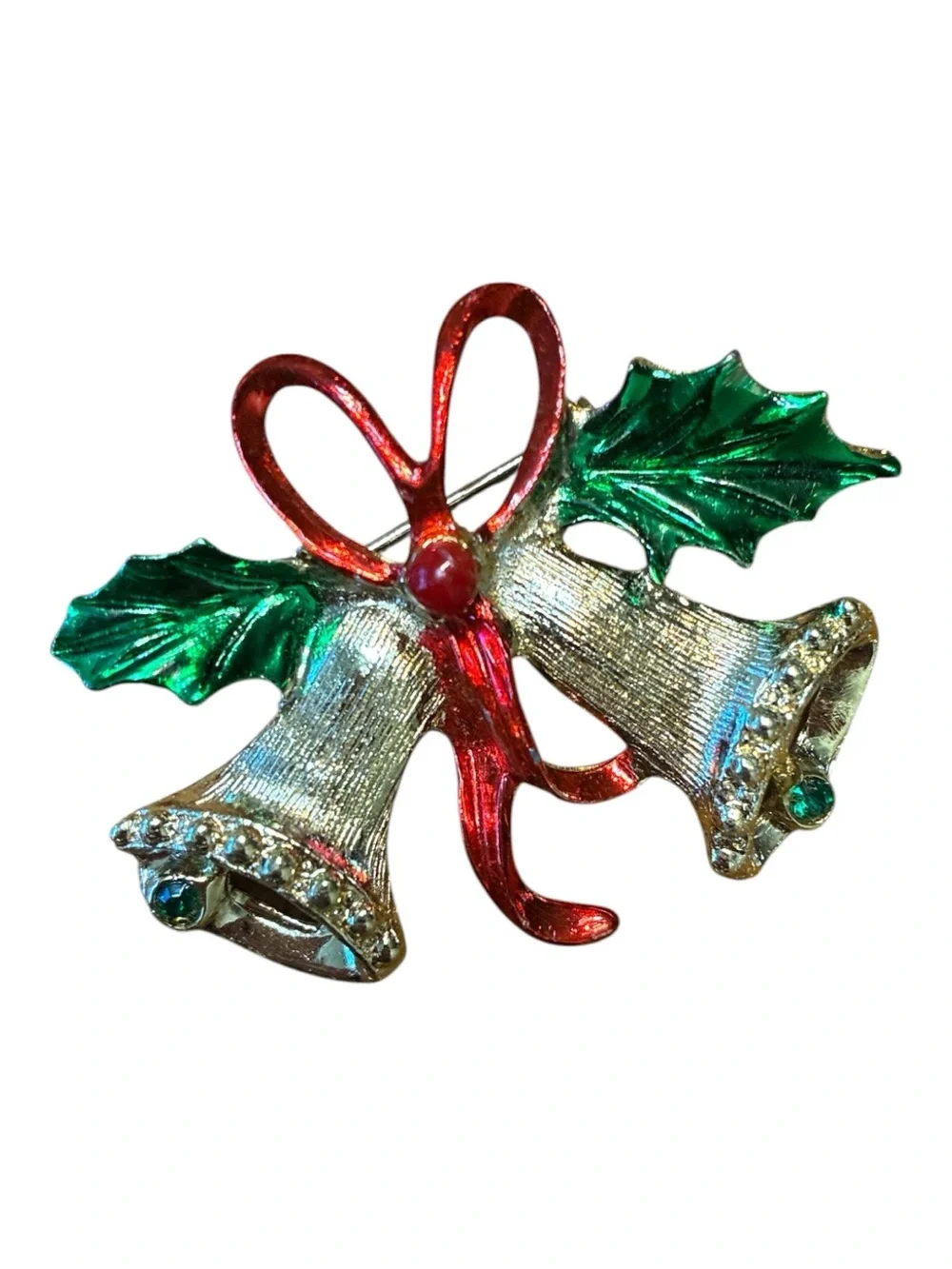 Vintage Gold Tone Bell Brooch with Red Bow and Green Leaves
